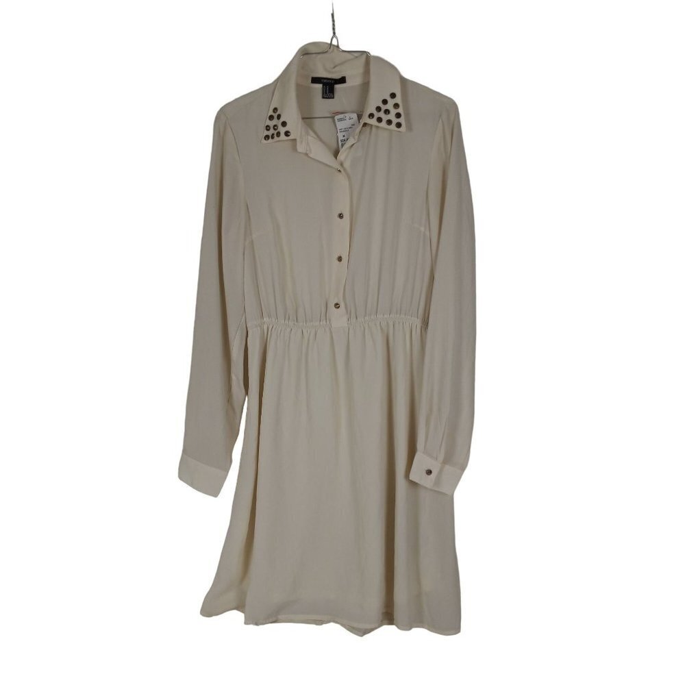 Forever 21 Cream Chiffon Dress Button Front Studded Collar Medium NWT